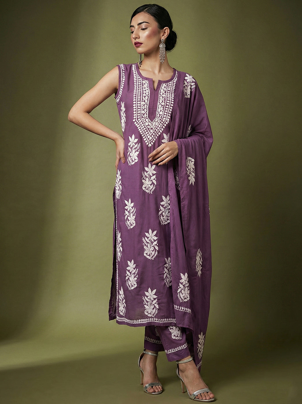 Ashvi Modal Chikankari Sleeveless Kurta Set with Dupatta - Mauve