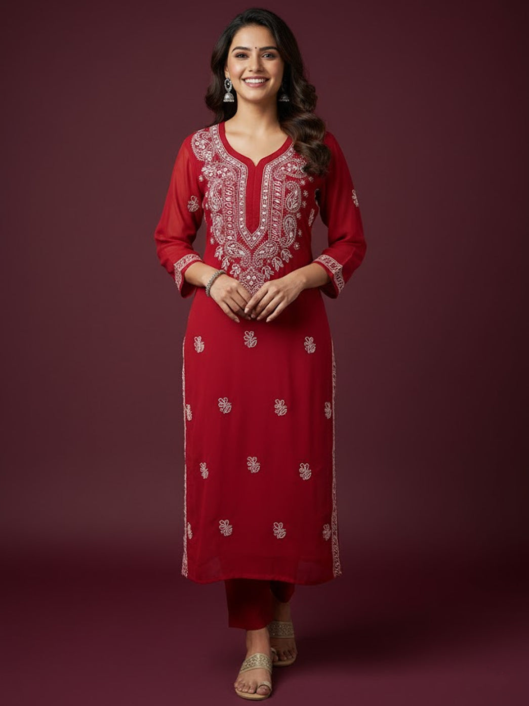 Red Georgette Chikankari Straight Kurti