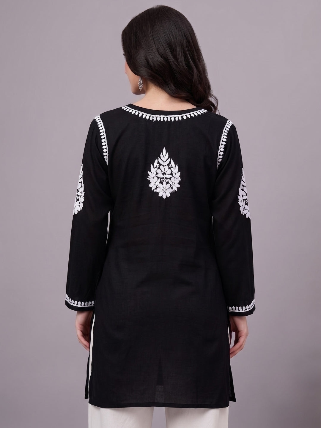 Nushq Rayon Chikankari Short Kurti - Black