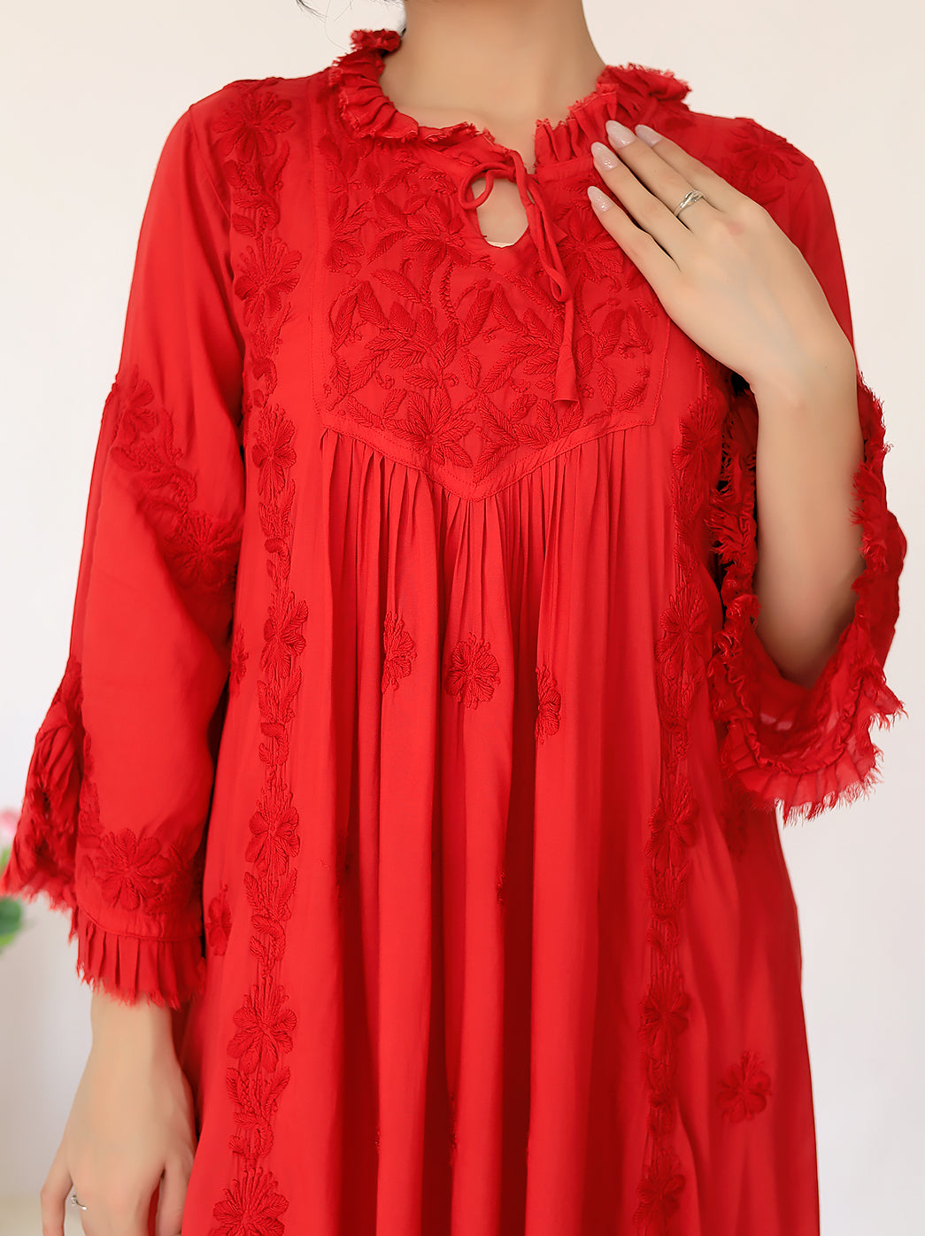 Red Zahrah Muslin Chikankari Jhalar Yok Anarkali