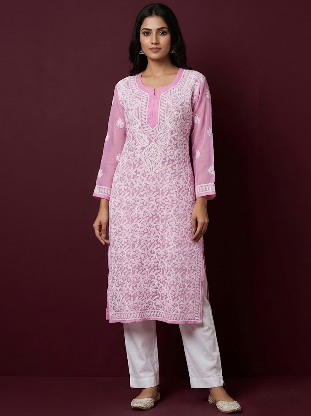 Pink Georgette Chikankari Straight Kurti