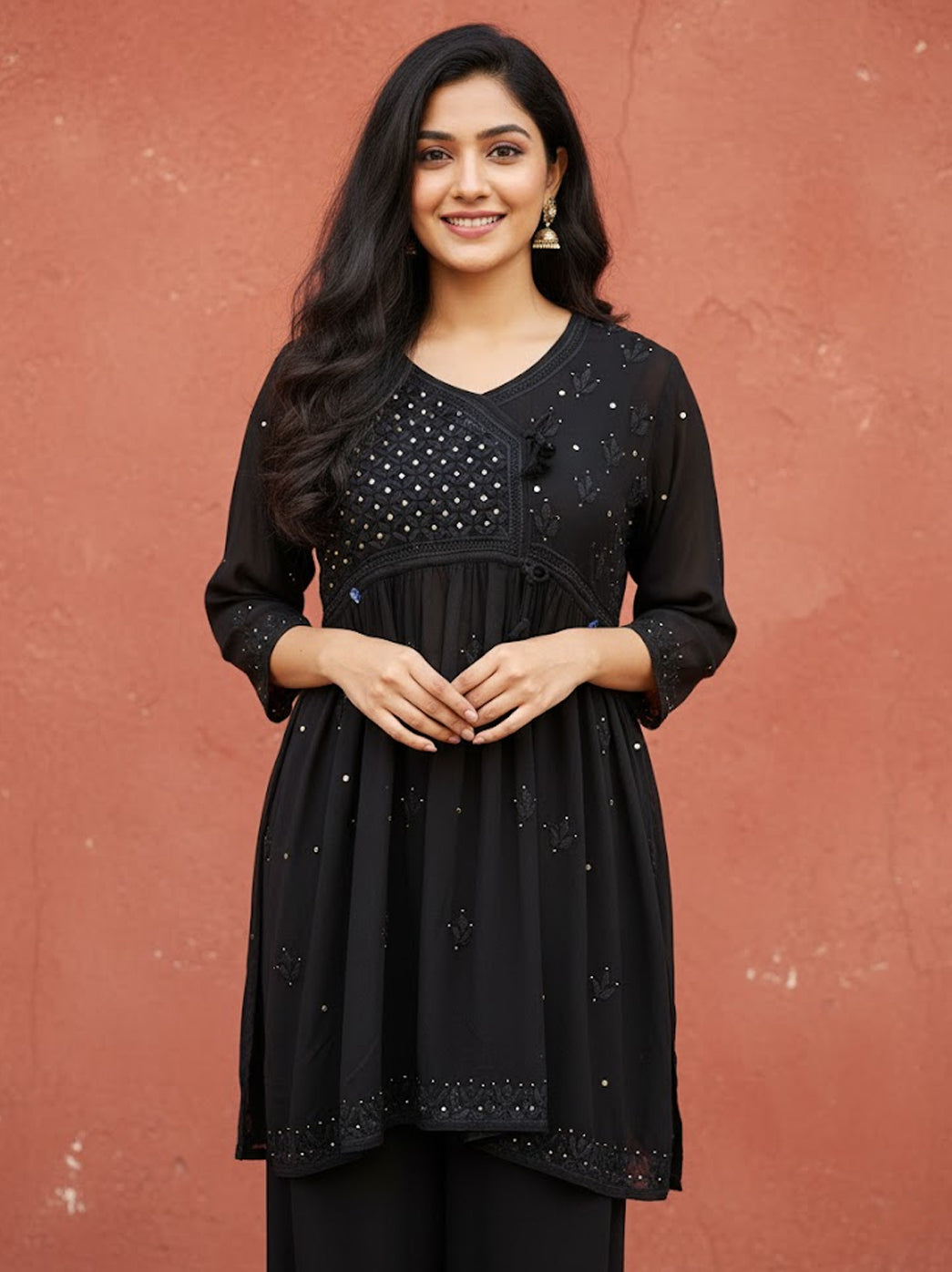 Black Viscose Chikankari Short Top