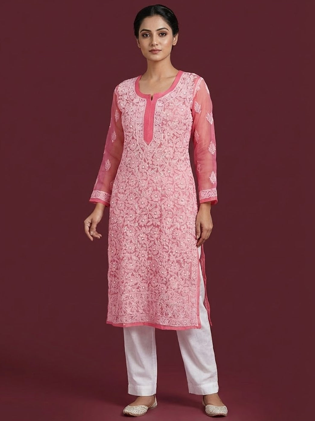 Peach Georgette Chikankari Straight Kurti