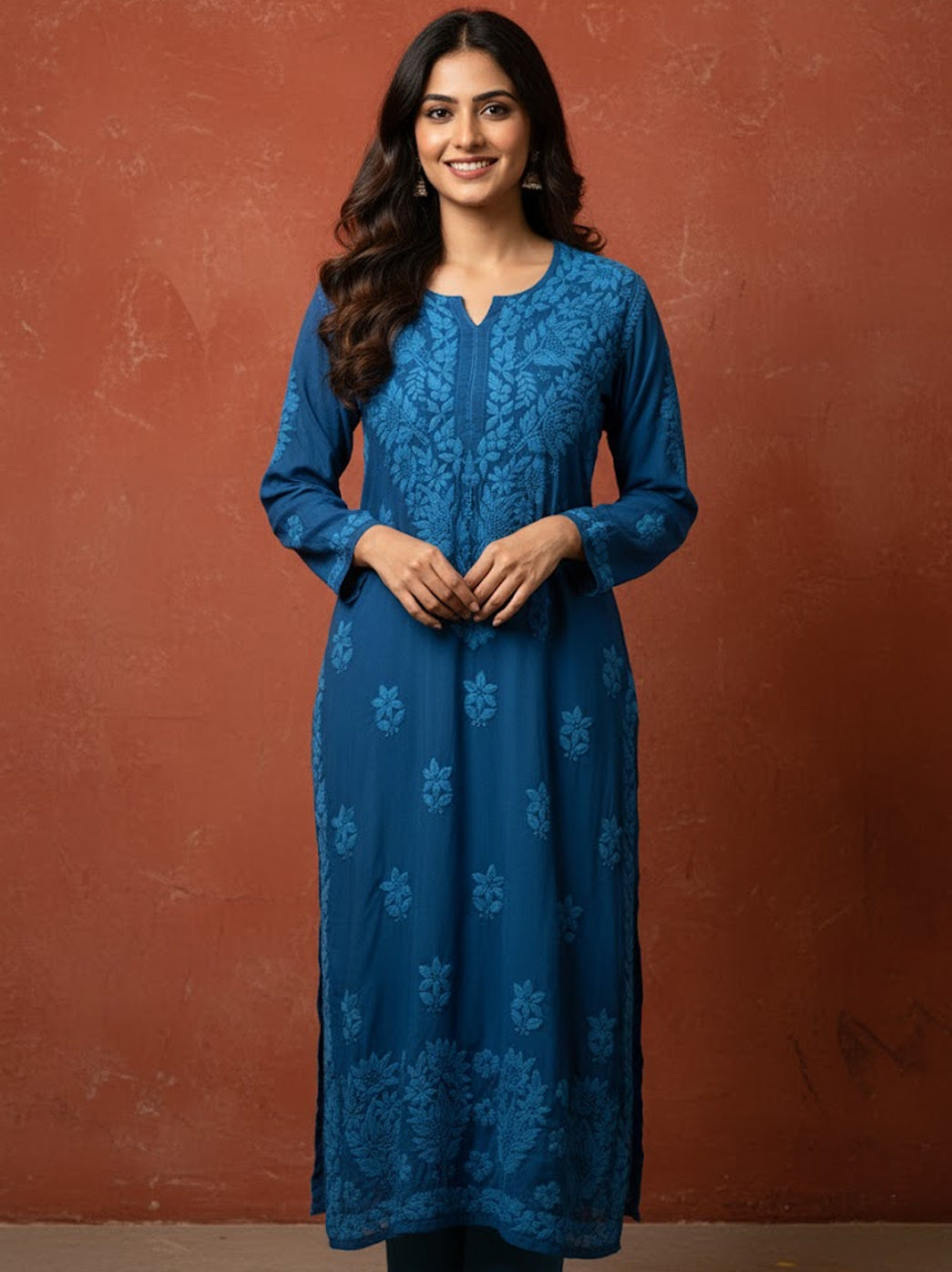 Teal Blue Crepe Chikankari Straight Kurti