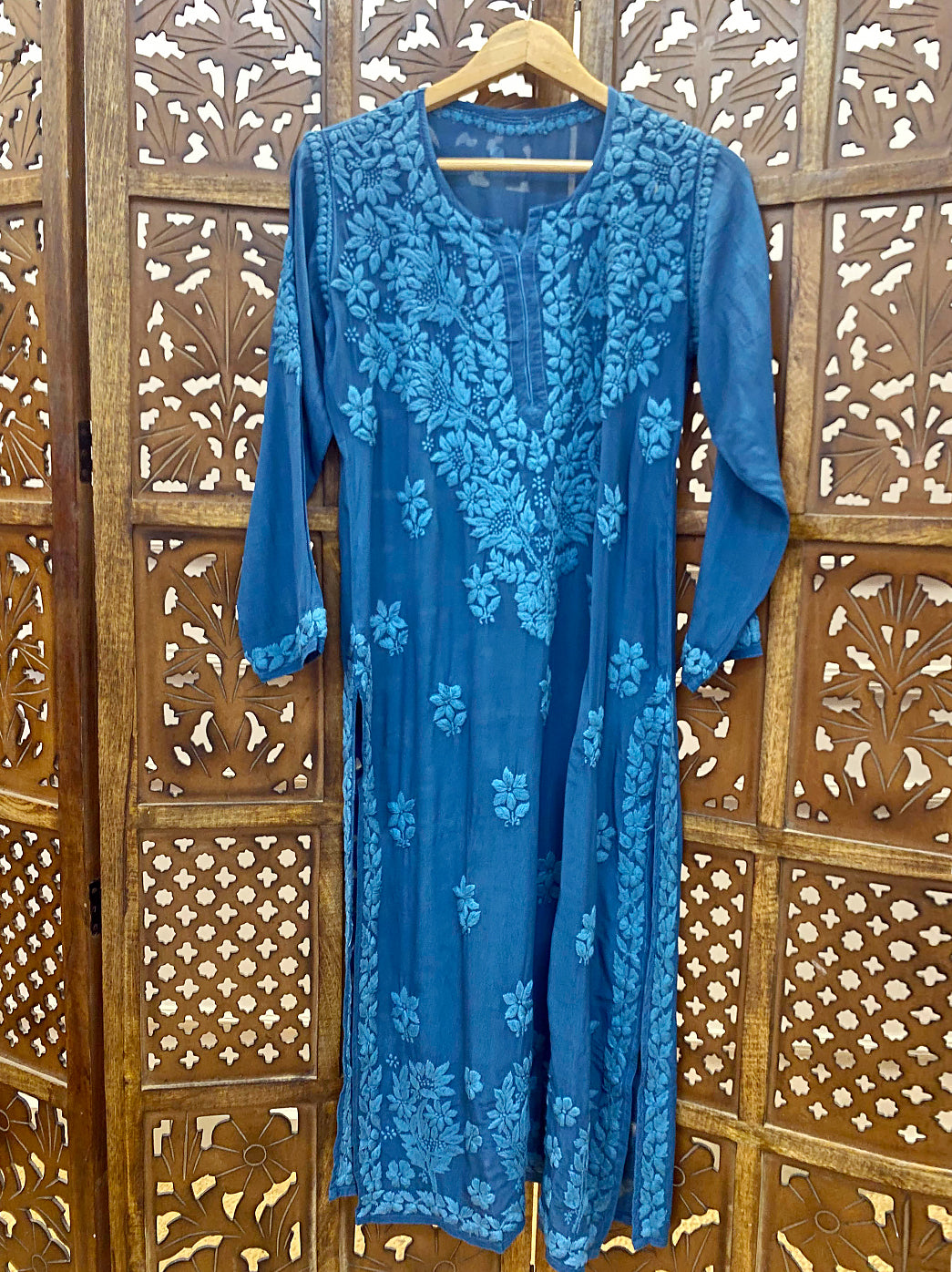 Teal Blue Crepe Chikankari Straight Kurti