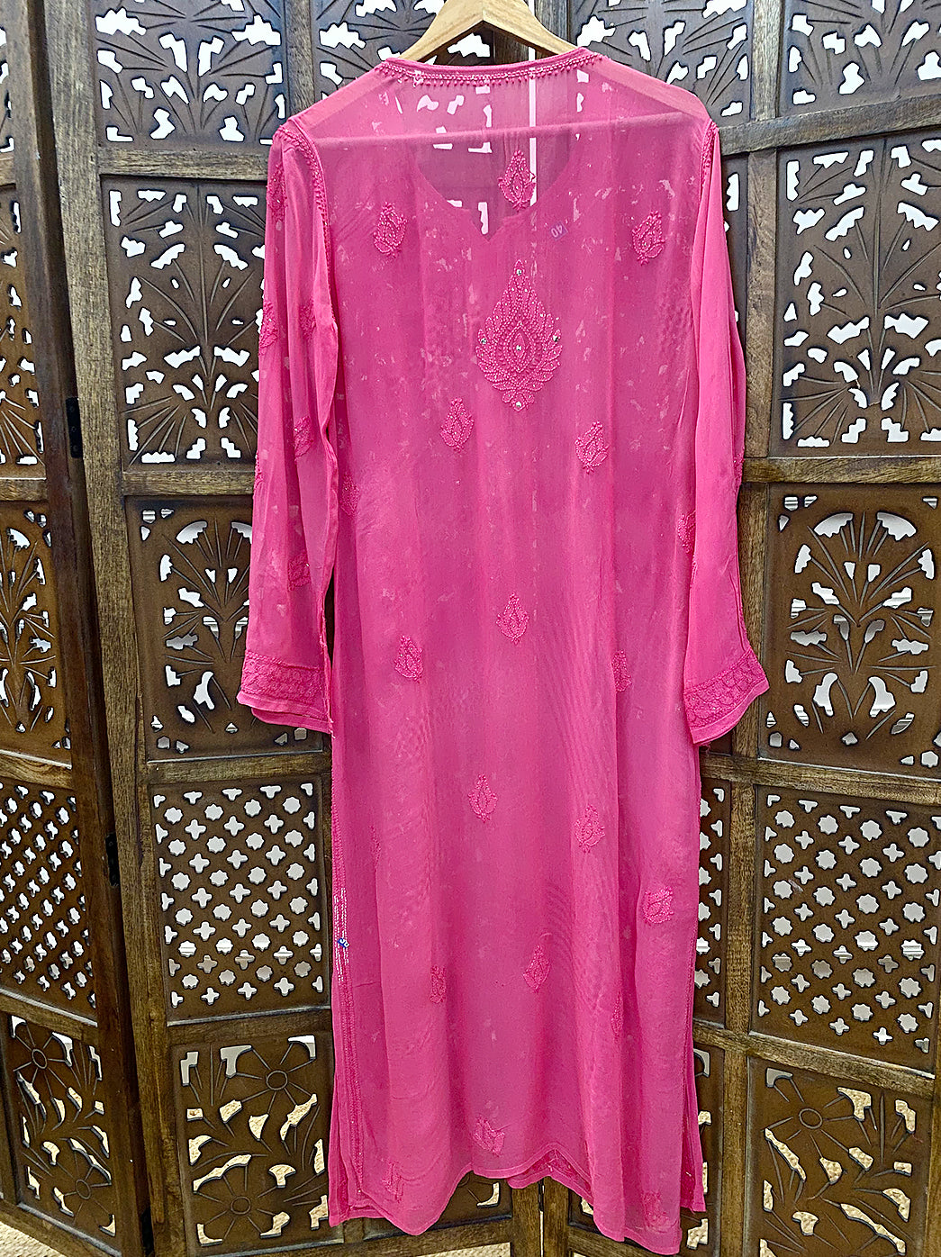 Pink Mukaish Viscose Chikankari Straight Kurti