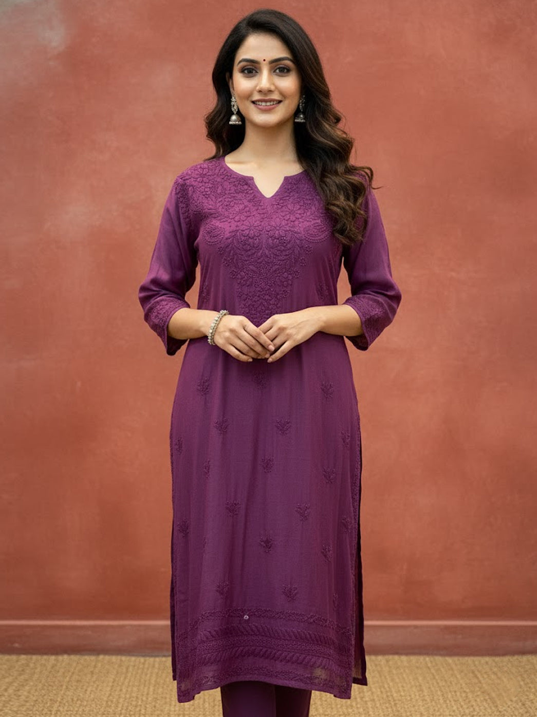 Mauve Muslin Chikankari Straight Kurti