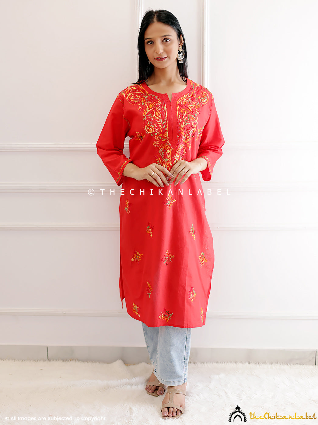 Red Cotton Chikankari Straight Kurti