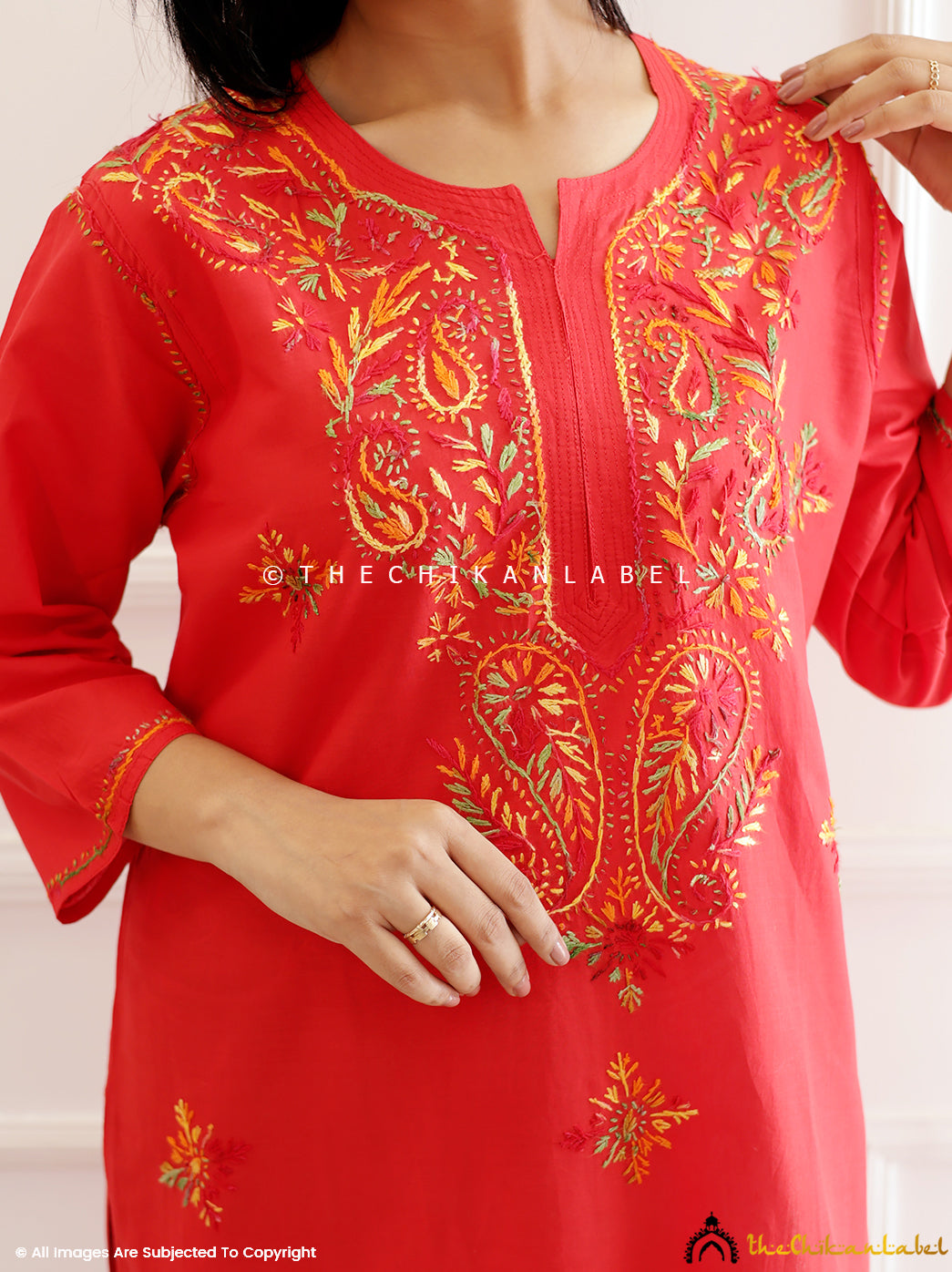Red Cotton Chikankari Straight Kurti