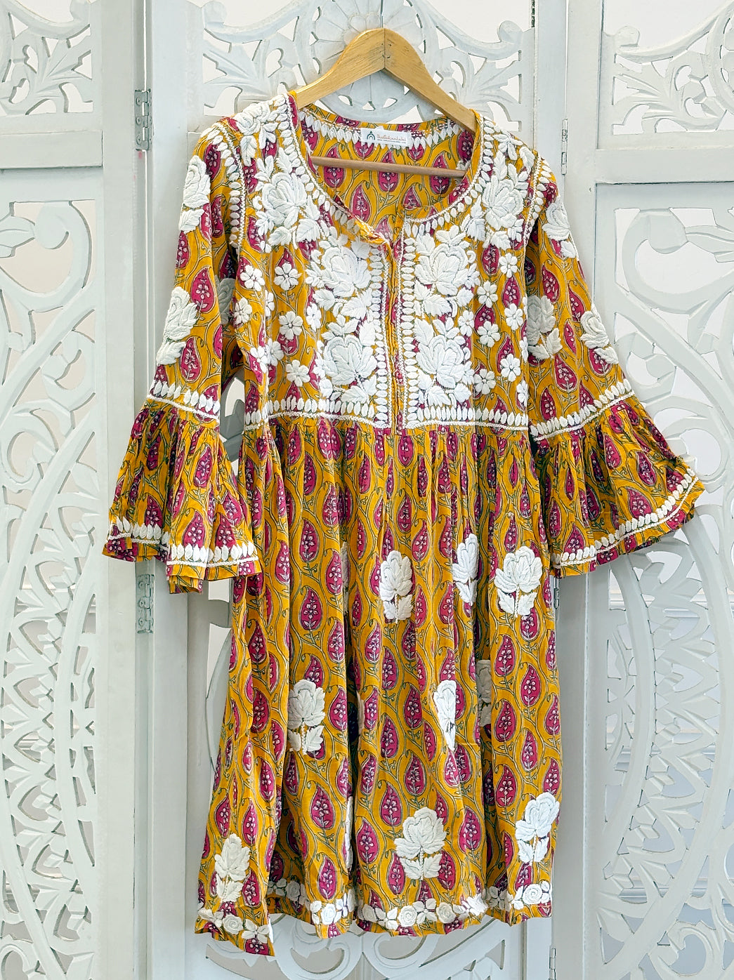 Yellow Aamira Mulmul Printed Chikankari Peplum Top