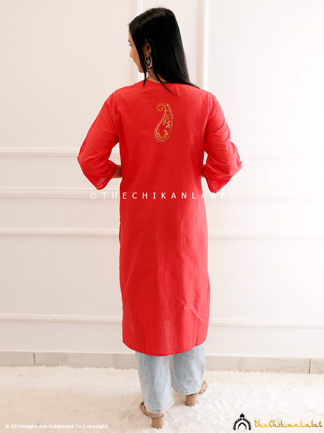 Red Cotton Chikankari Straight Kurti