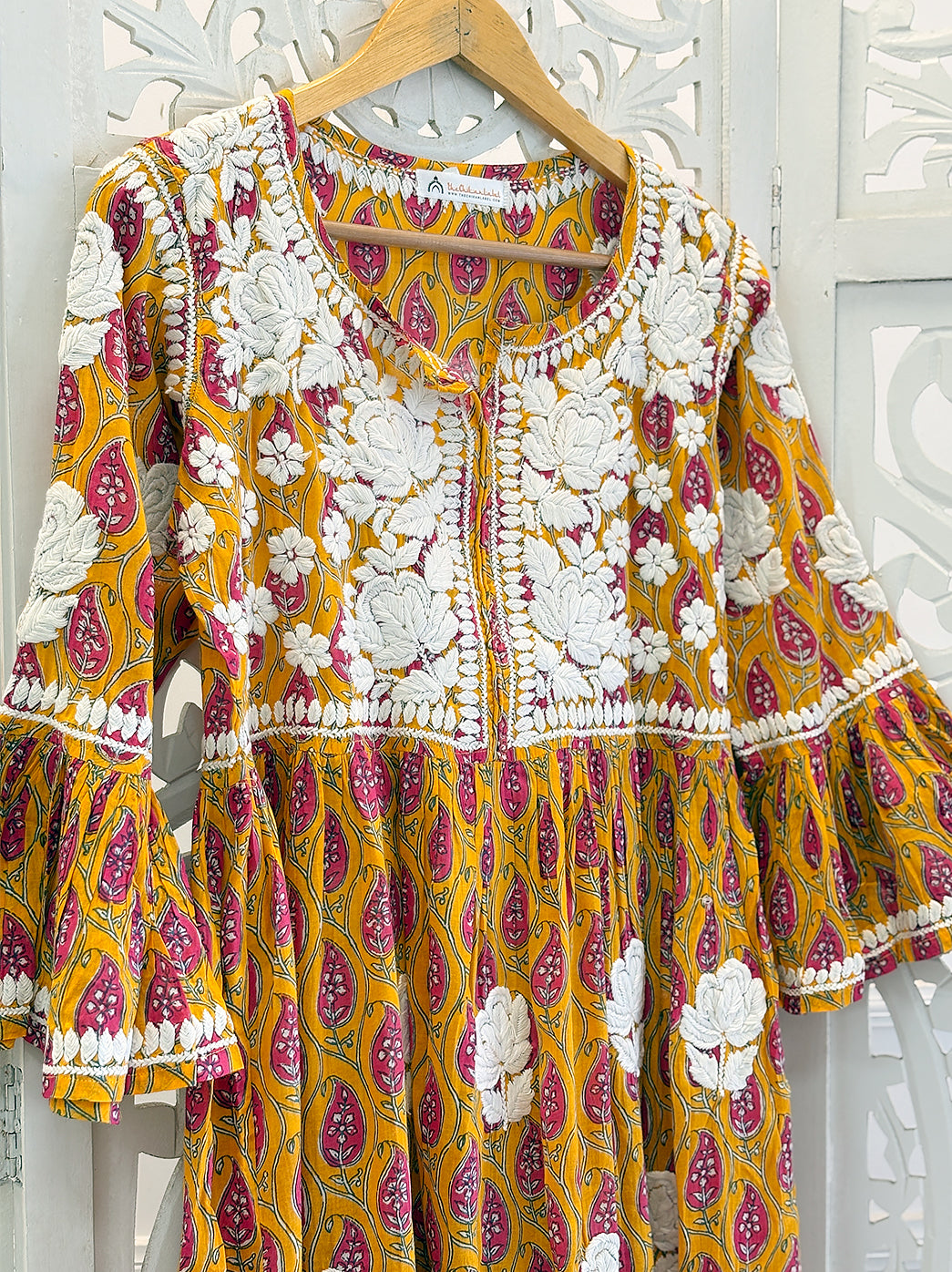 Yellow Aamira Mulmul Printed Chikankari Peplum Top