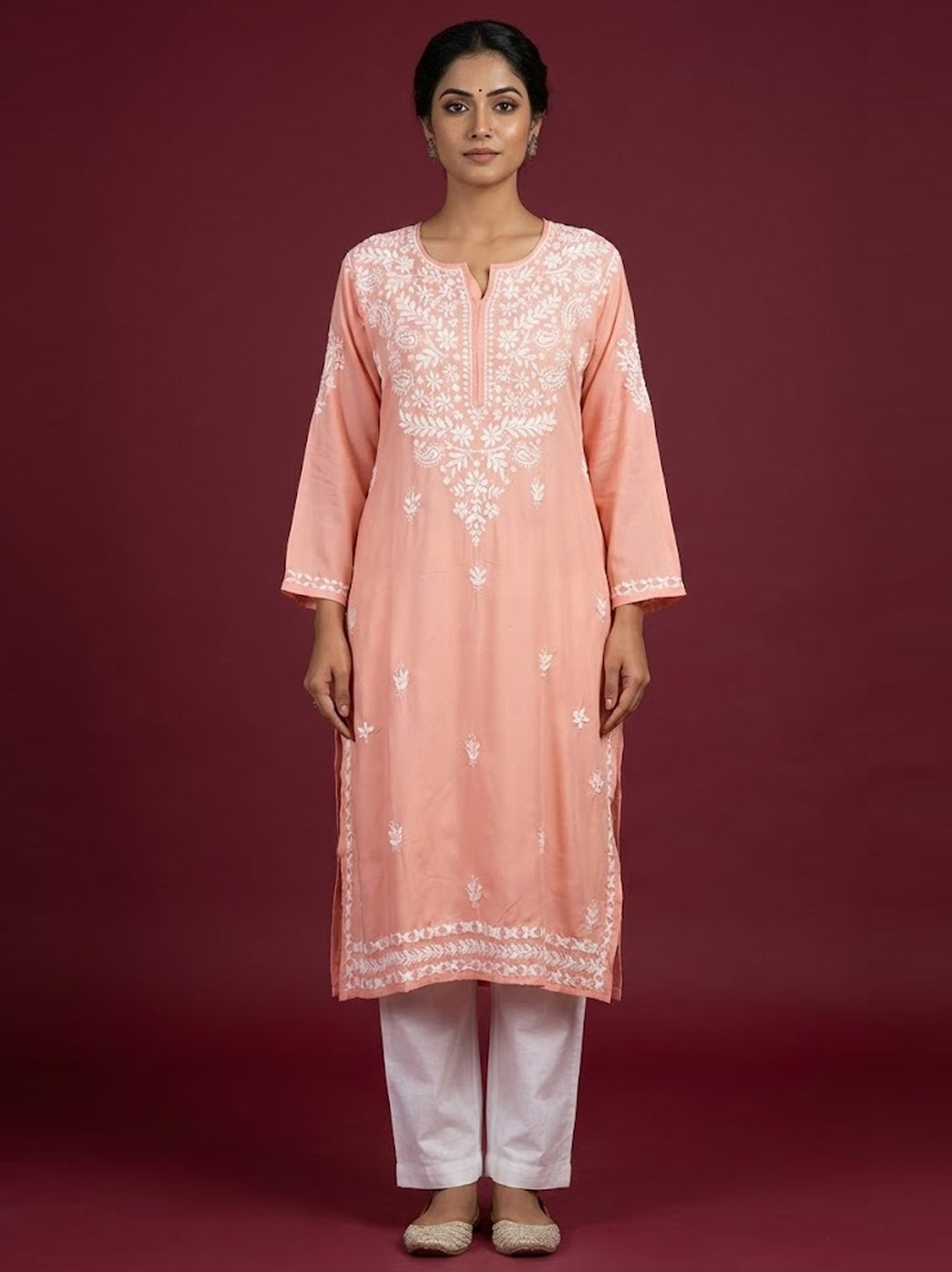 Peach Modal Chikankari Straight Kurti