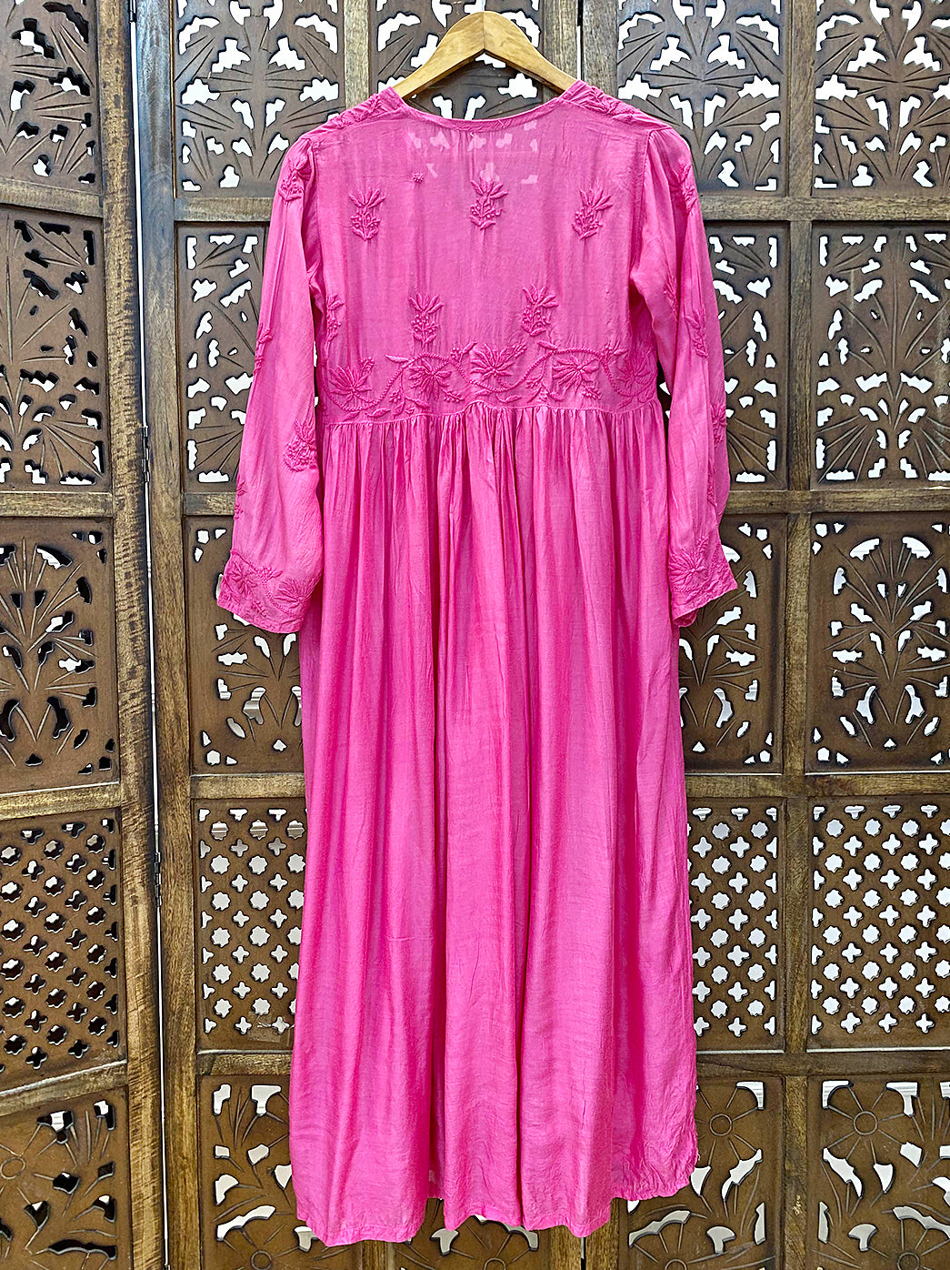 Pink Muslin Chikankari A-Line Kurti