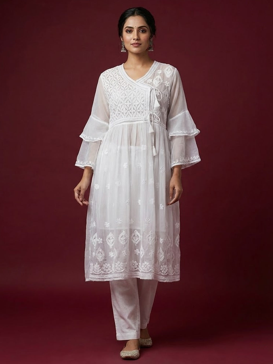 White Georgette Chikankari Angarkha Kurti