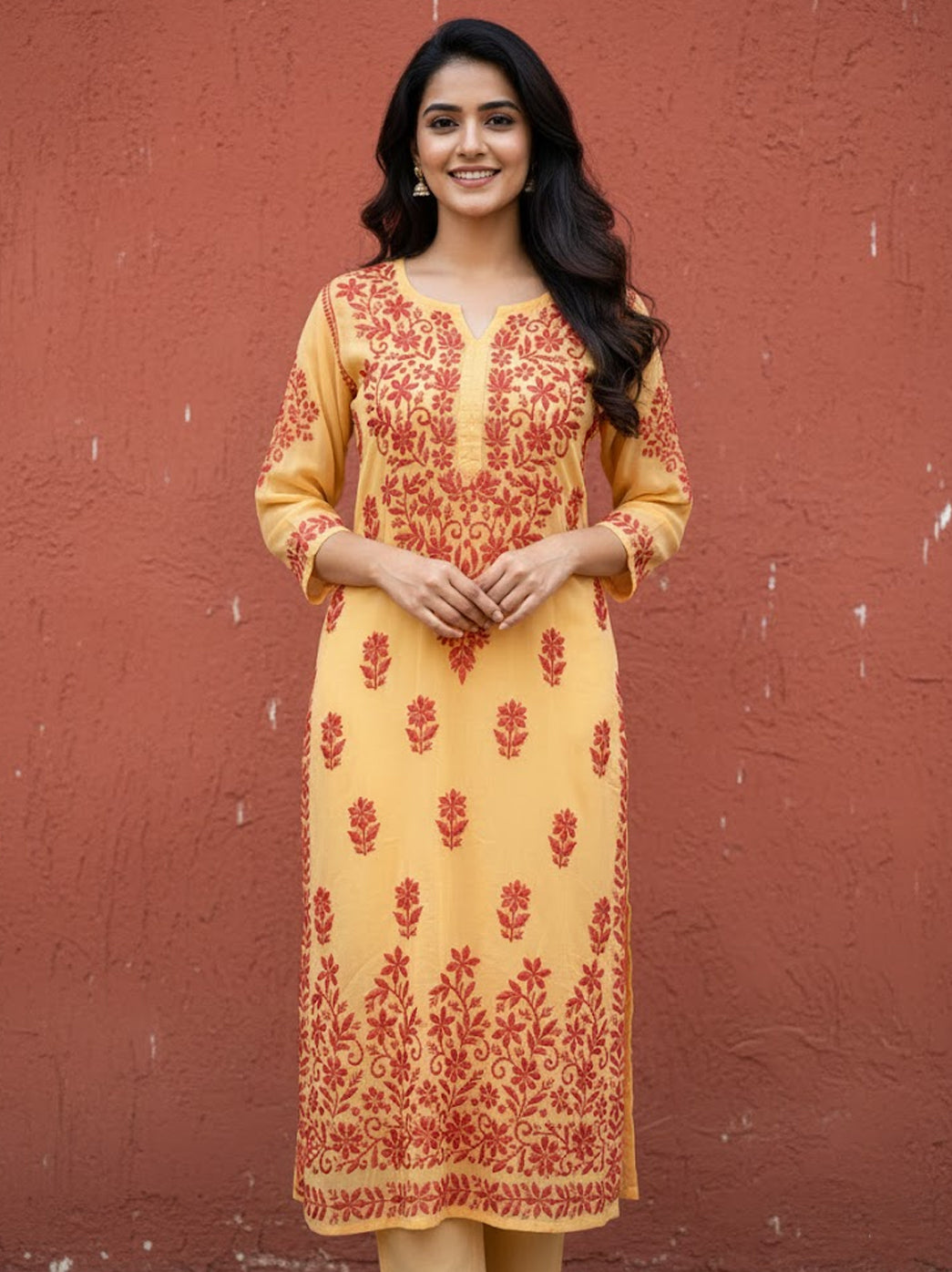 Yellow Georgette Chikankari Straight Kurti