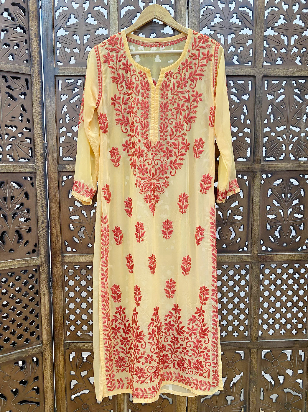 Yellow Georgette Chikankari Straight Kurti