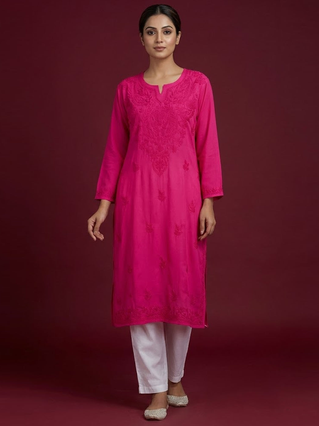 Hot Pink Modal Chikankari Straight Kurti