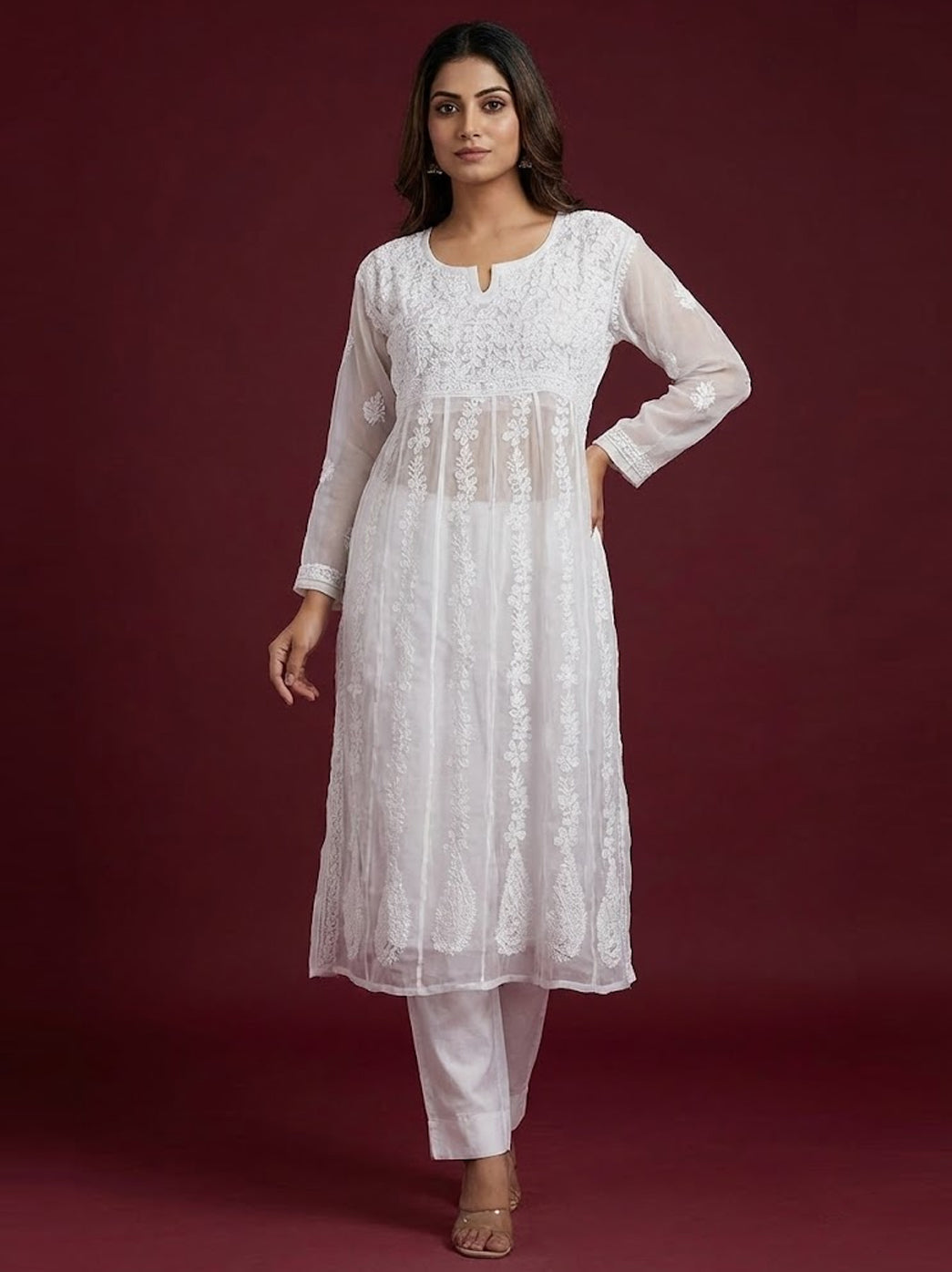 White Georgette Chikankari Anarkali Kurti