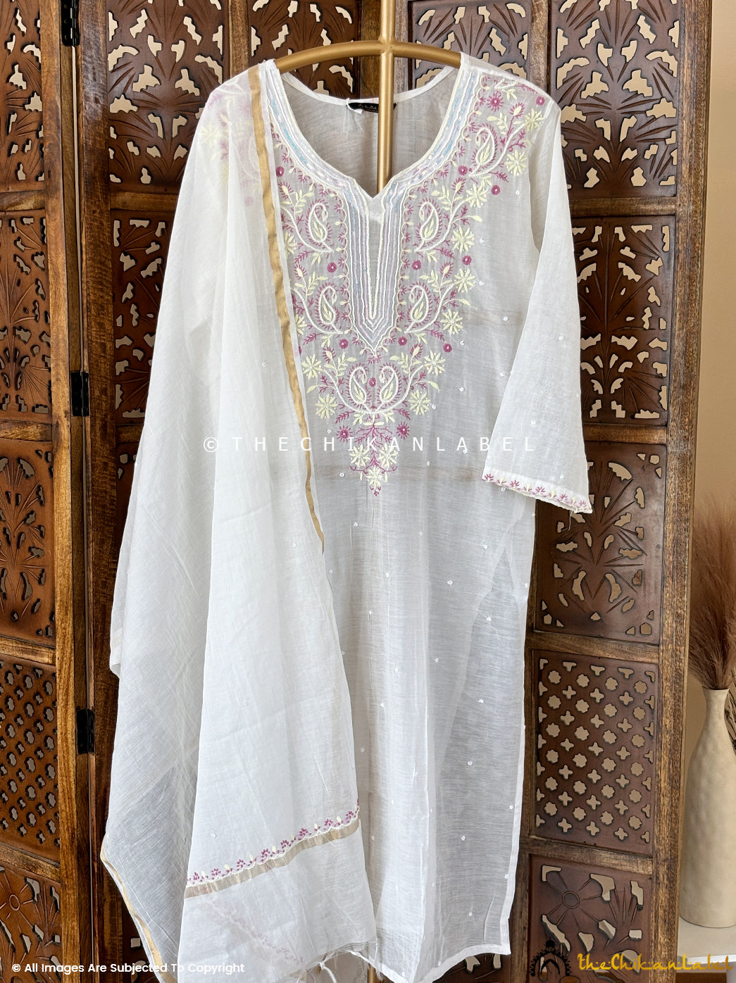 White Naji Chanderi Mulmul Chikankari Kurti With dupatta
