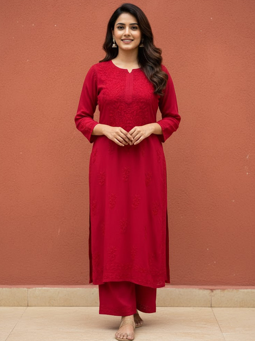 Amaaya Modal Chikankari Kurta Palazzo Set - Red