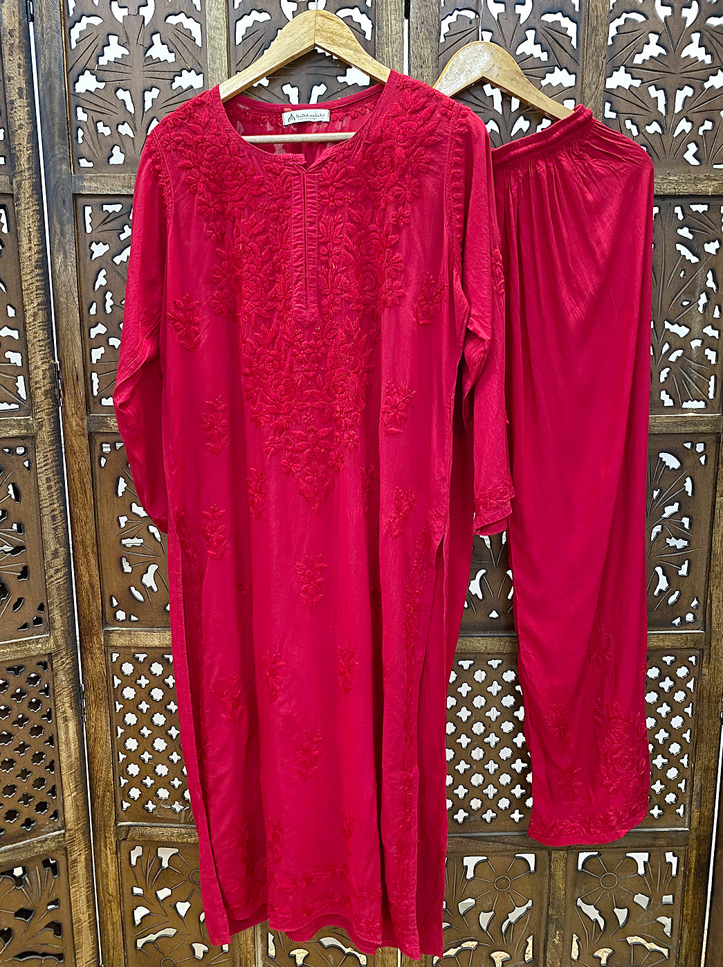 Amaaya Modal Chikankari Kurta Palazzo Set - Red