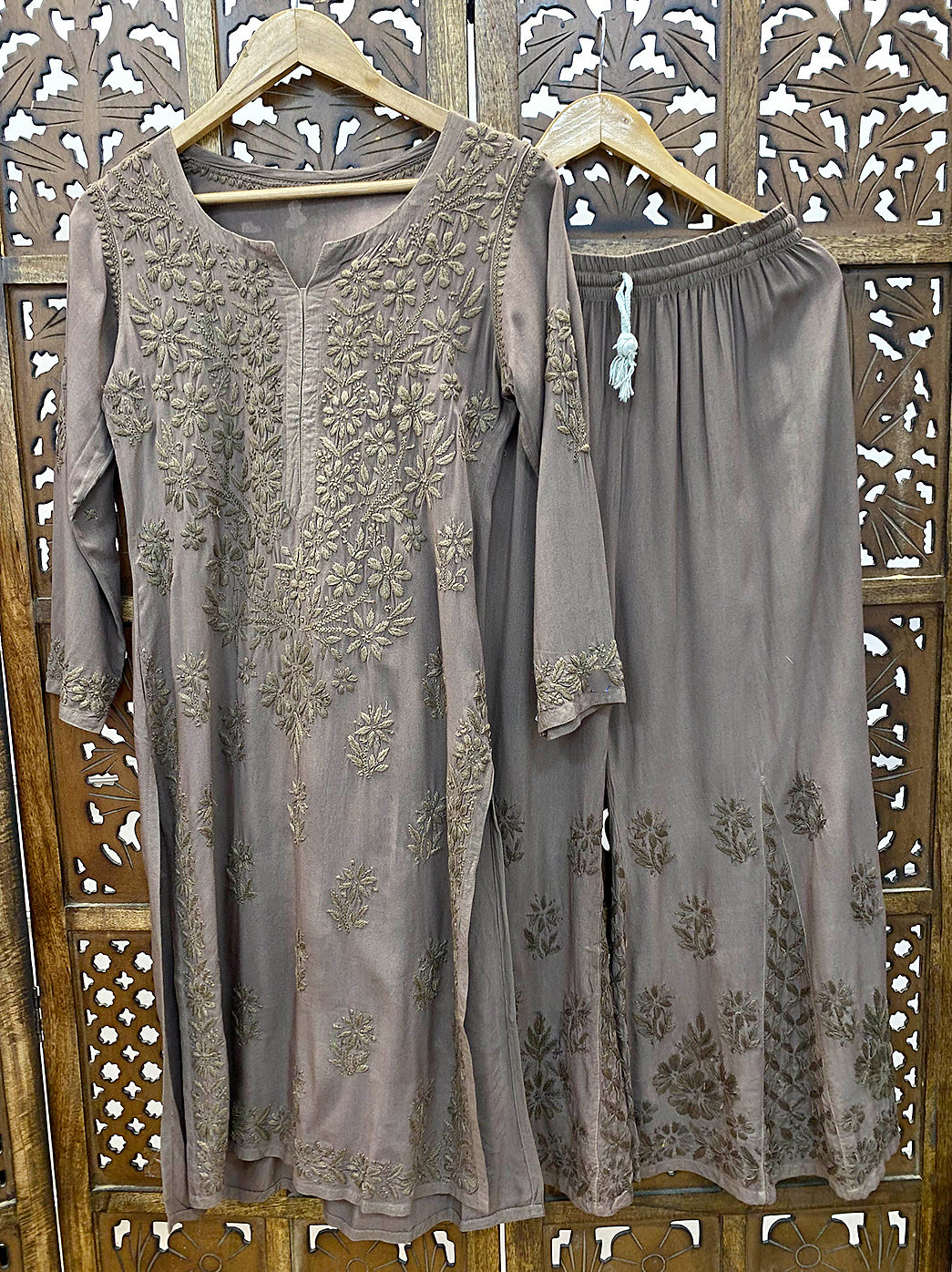 Choco Rayon Chikankari Kurti Palazzo Set