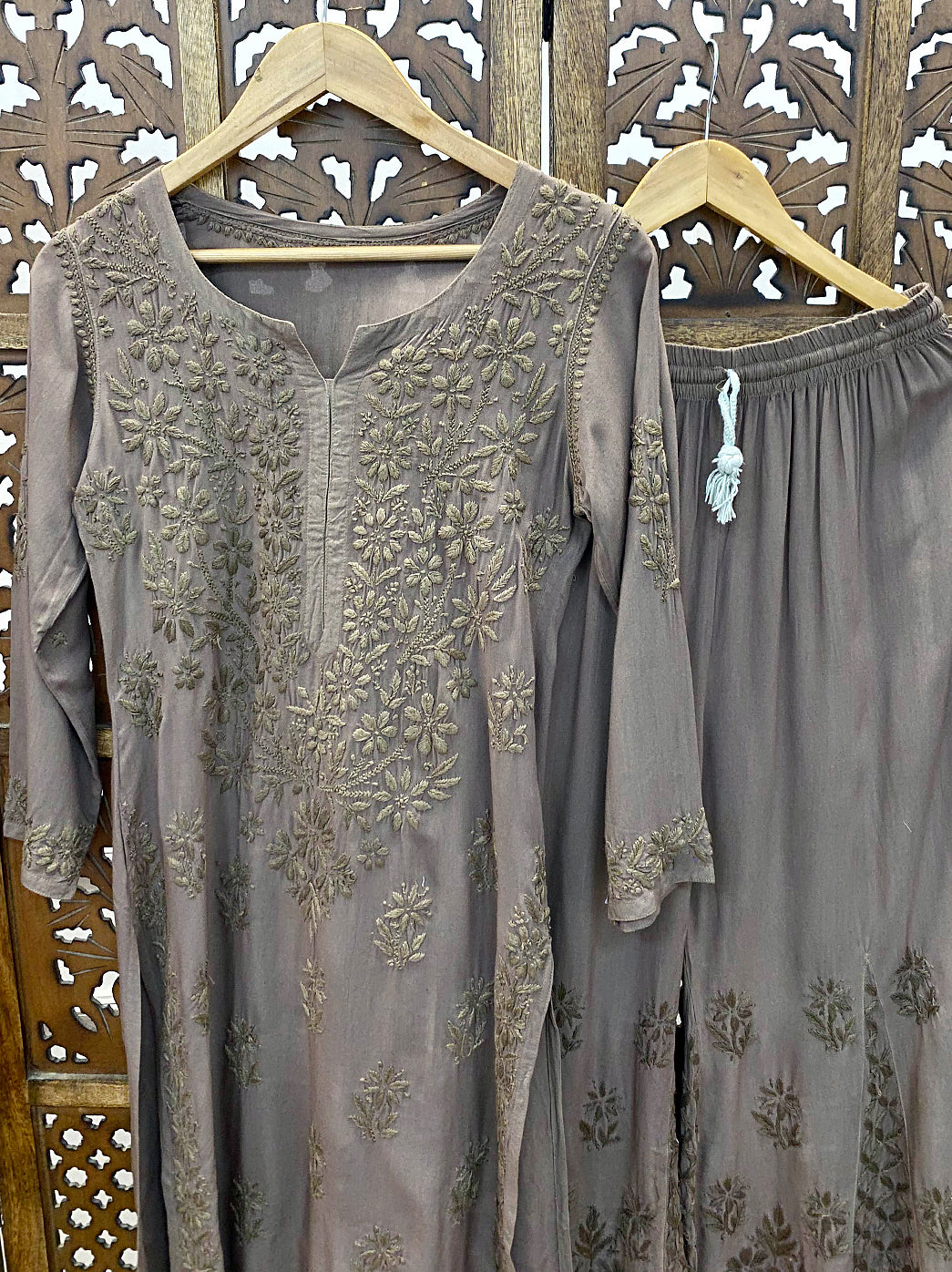 Choco Rayon Chikankari Kurti Palazzo Set