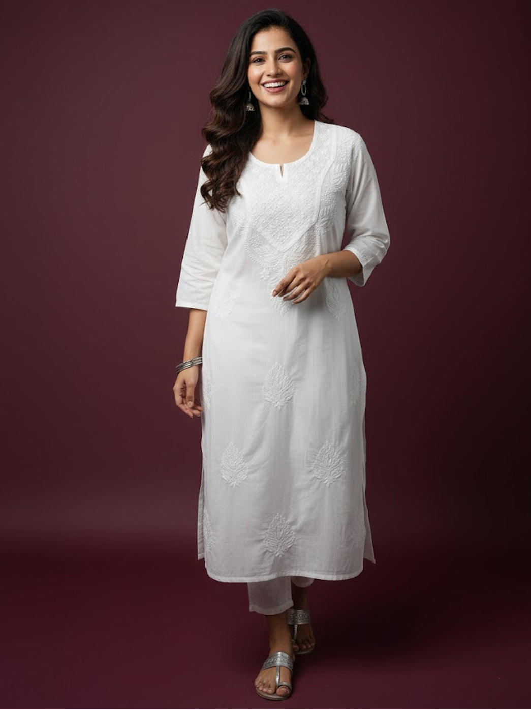 White Cotton Chikankari Straight Kurti