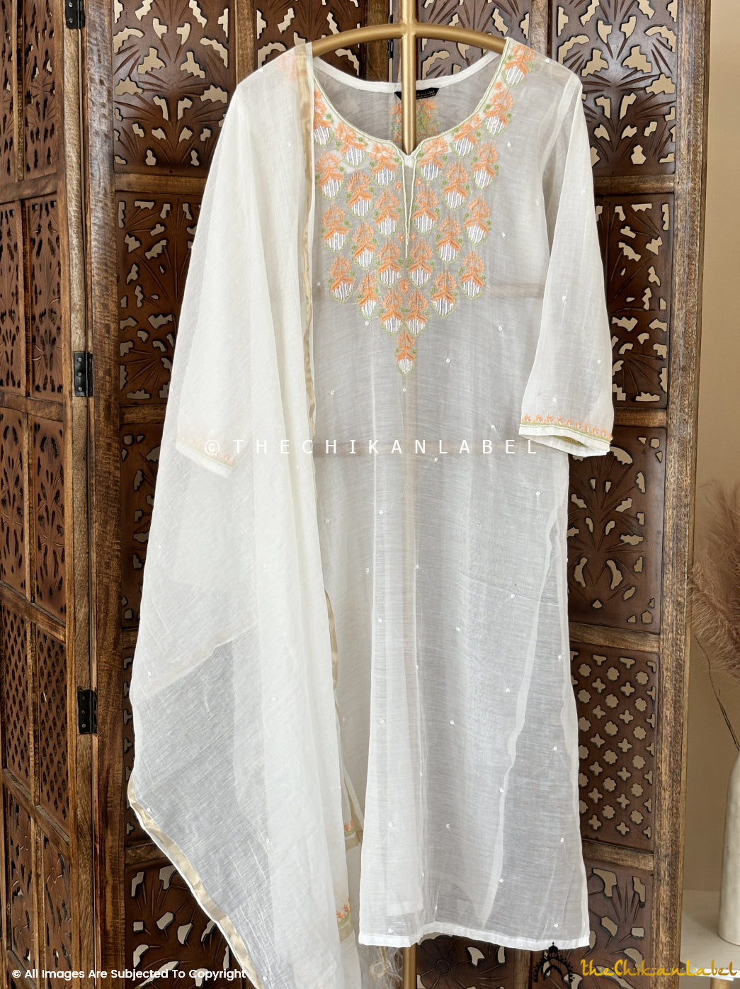 White Naji Chanderi Mulmul Chikankari Kurti With dupatta