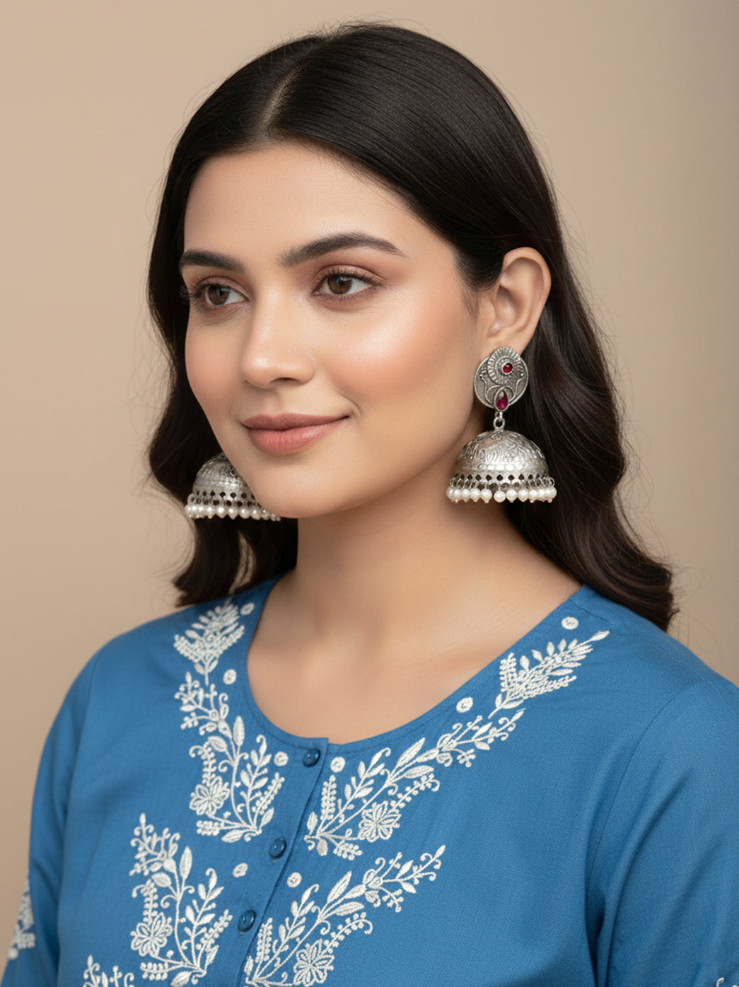 Oxidized Handcrafted Red Kundan Jhumka Earring with Pearl