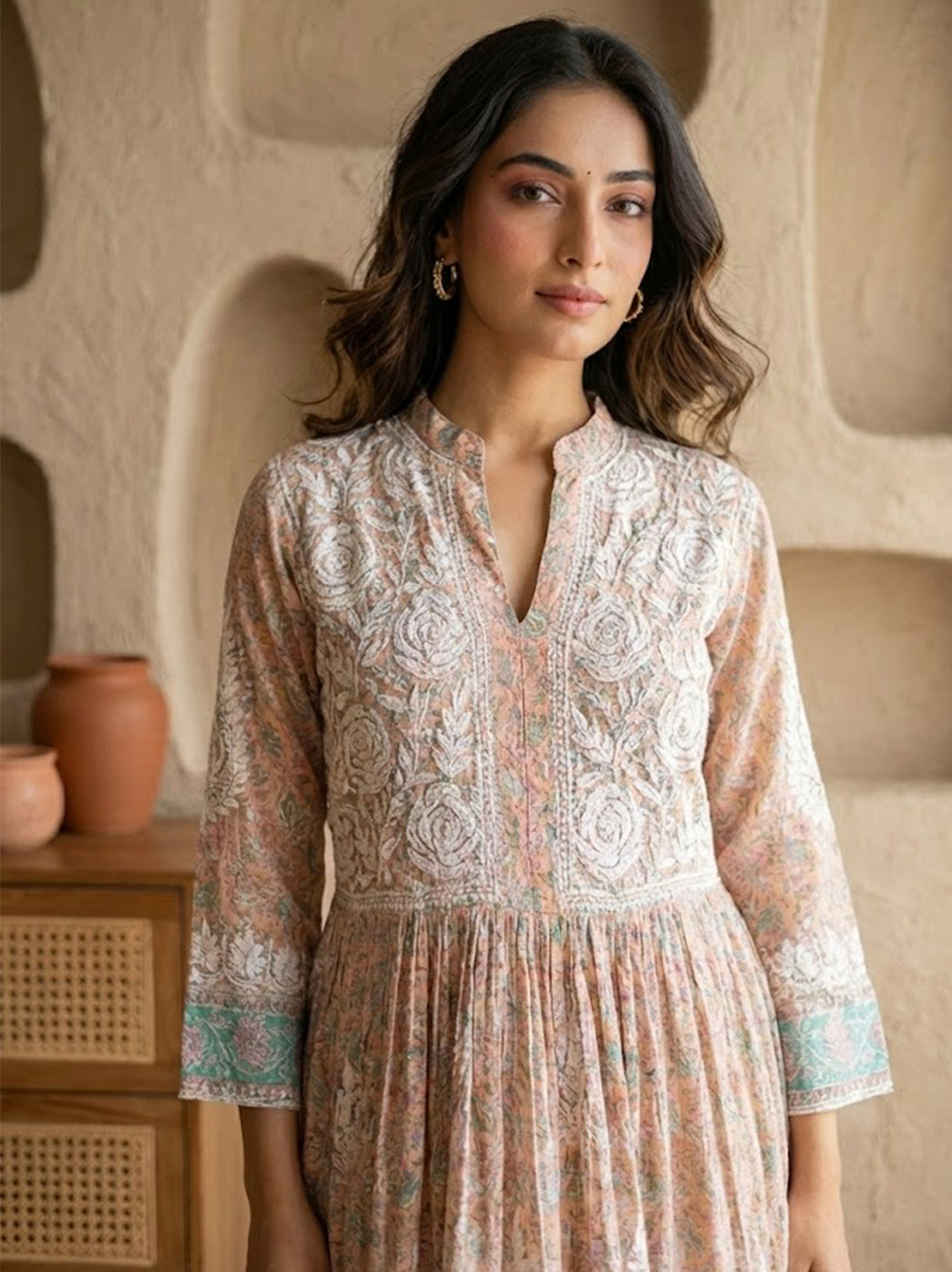 Peach Mulmul Chikankari Anarkali Kurti