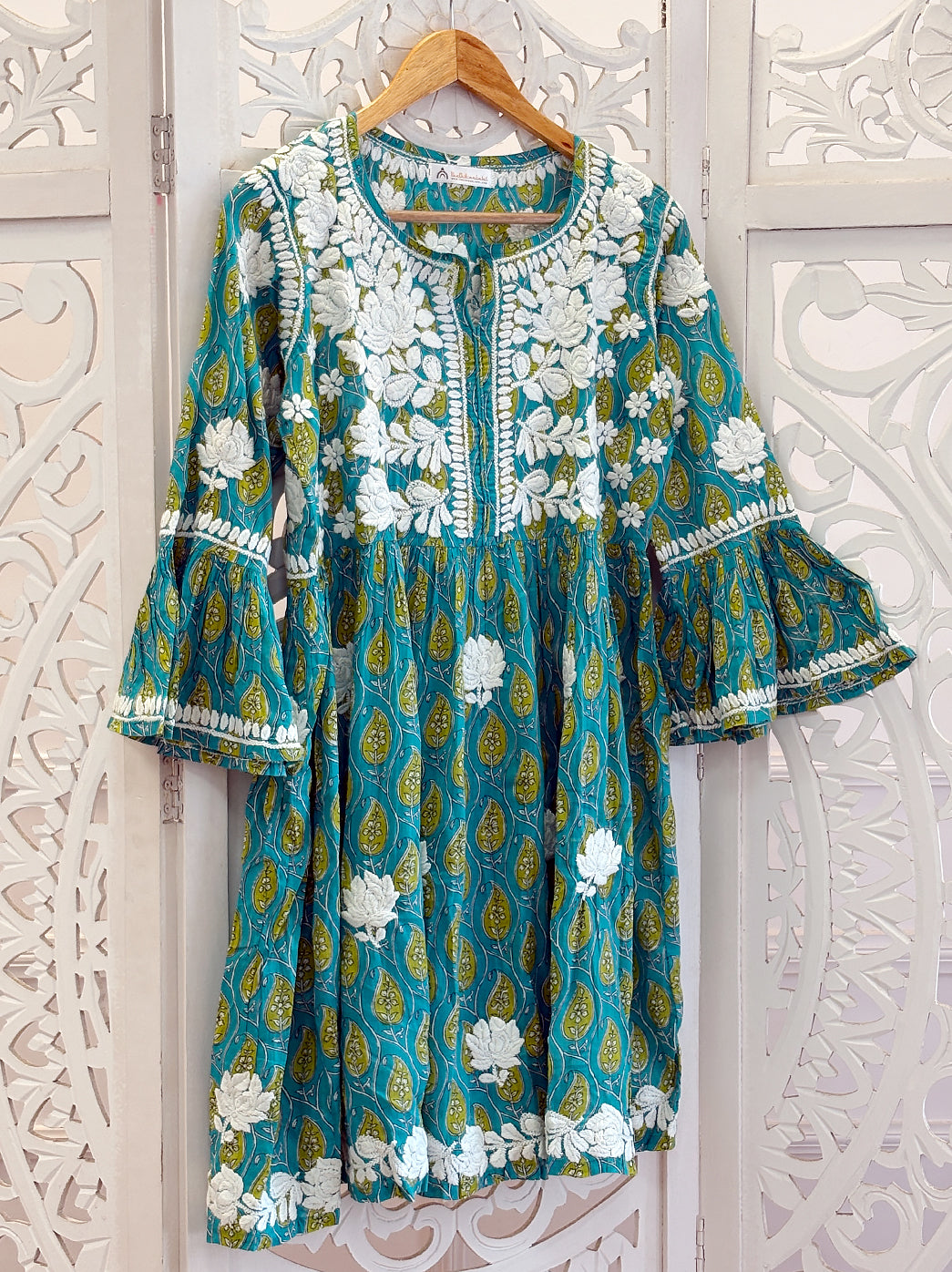 Sea Green Aamira Mulmul Printed Chikankari Peplum Top