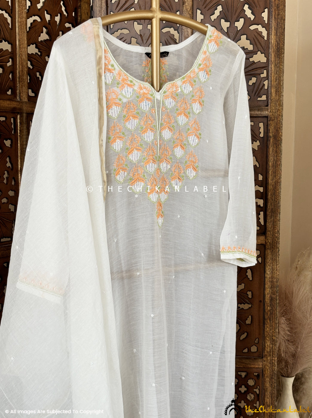 White Naji Chanderi Mulmul Chikankari Kurti With dupatta