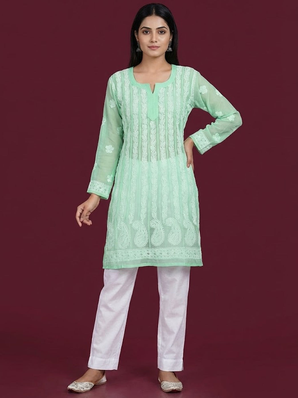 Pista Green Georgette Chikankari Short Kurti
