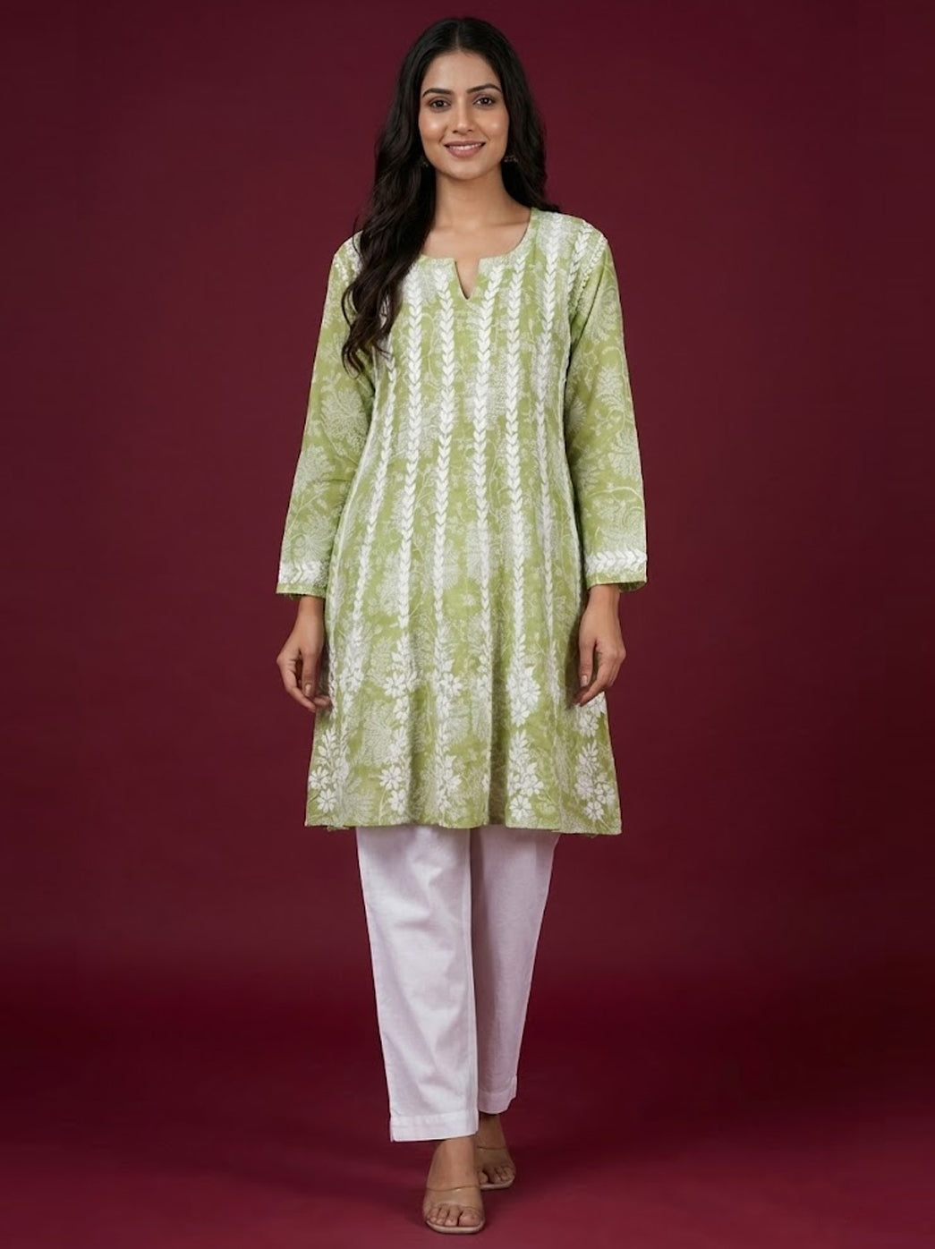 Green Mulmul Printed Chikankari Short Anarkali