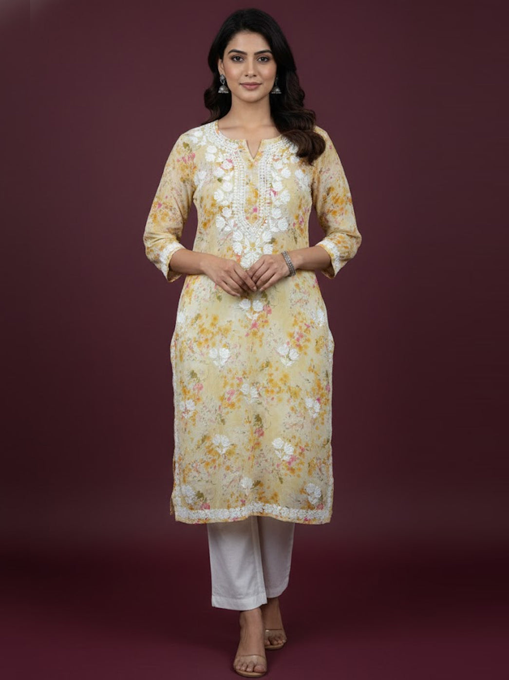Yellow Mulmul Printed Chikankari Straight Kurti