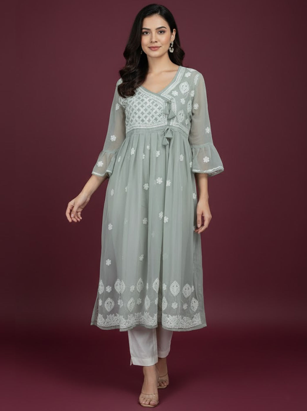 Grey Georgette Chikankari Angarkha Kurti