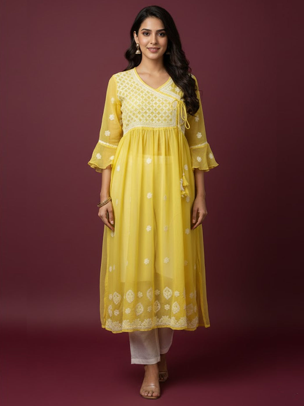 Yellow Georgette Chikankari Angarkha Kurti