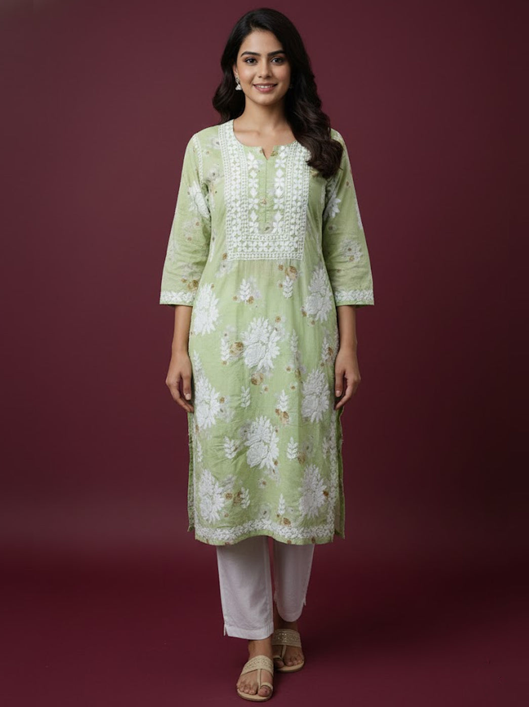 Pista Green Mulmul Printed Chikankari Straight Kurti