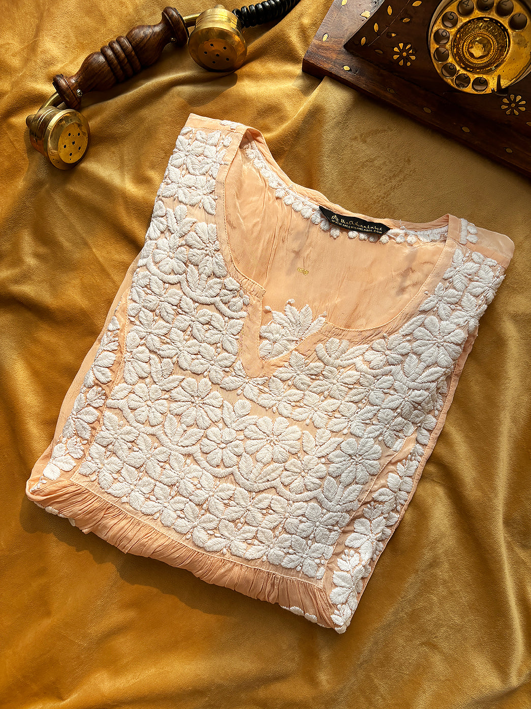 Peach Samina Crepe Straight Chikankari Kurti