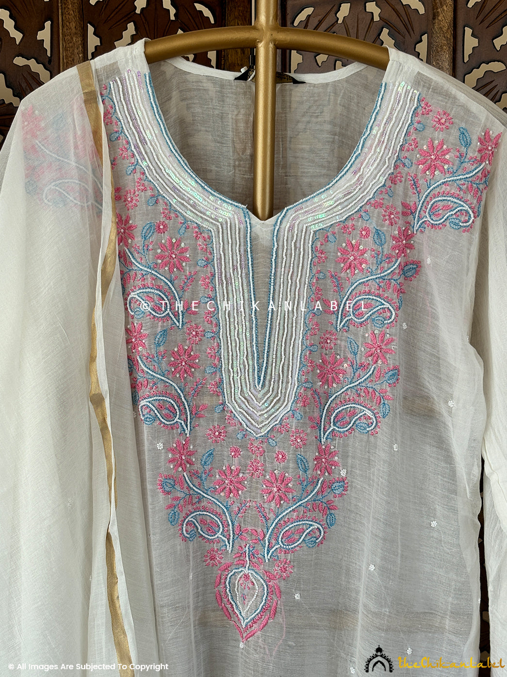 White Naji Chanderi Mulmul Chikankari Kurti With dupatta