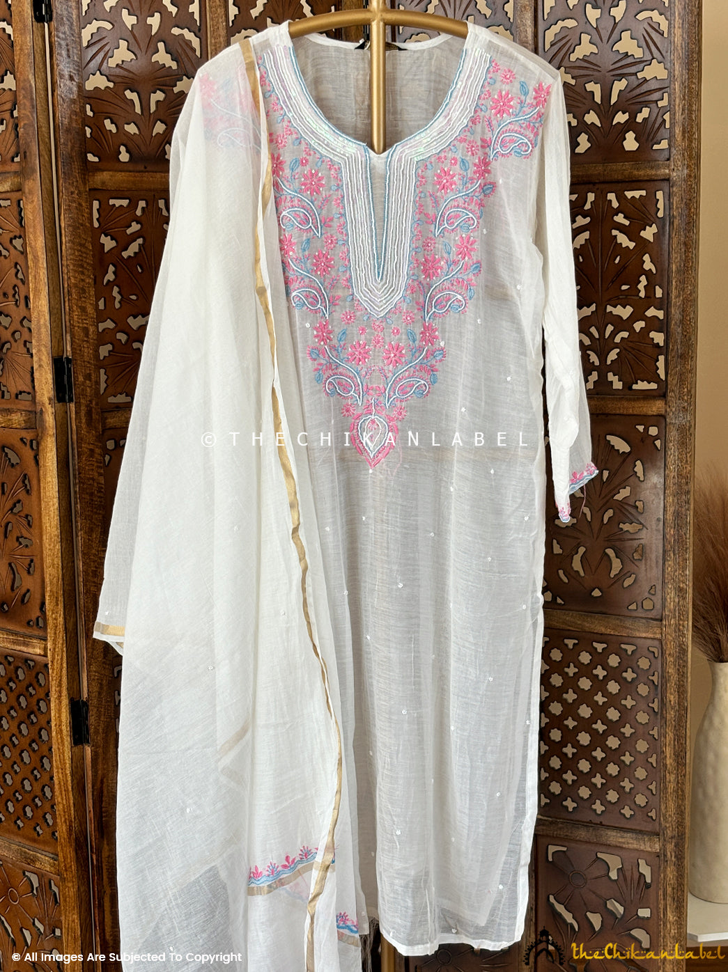 White Naji Chanderi Mulmul Chikankari Kurti With dupatta