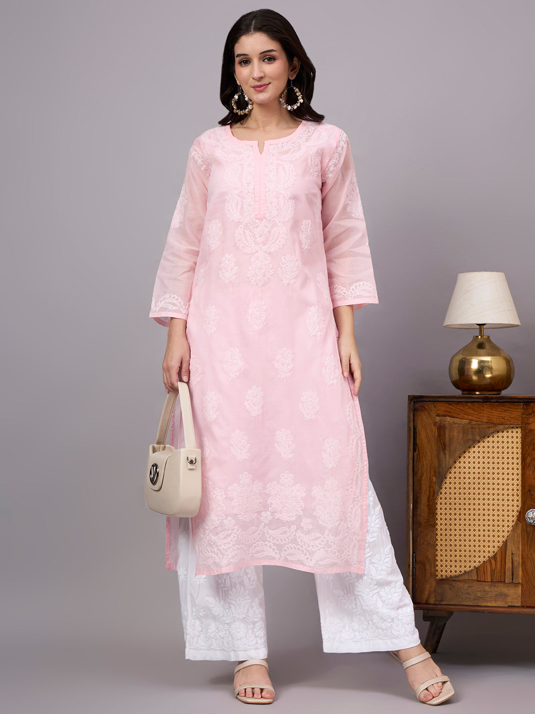 Women's Cotton Straight Kurti with authentic handcrafted Chikankari embroidery and soft inner lining, designed for comfortable regular wear, office wear, and casual ethnic styling.