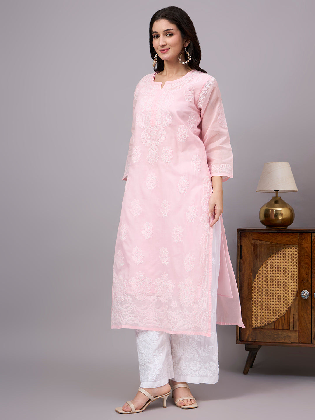 Traditional Cotton kurta with inner featuring artisan-crafted Chikankari embroidery, straight-cut design, and lightweight comfort for modern ethnic wardrobes.