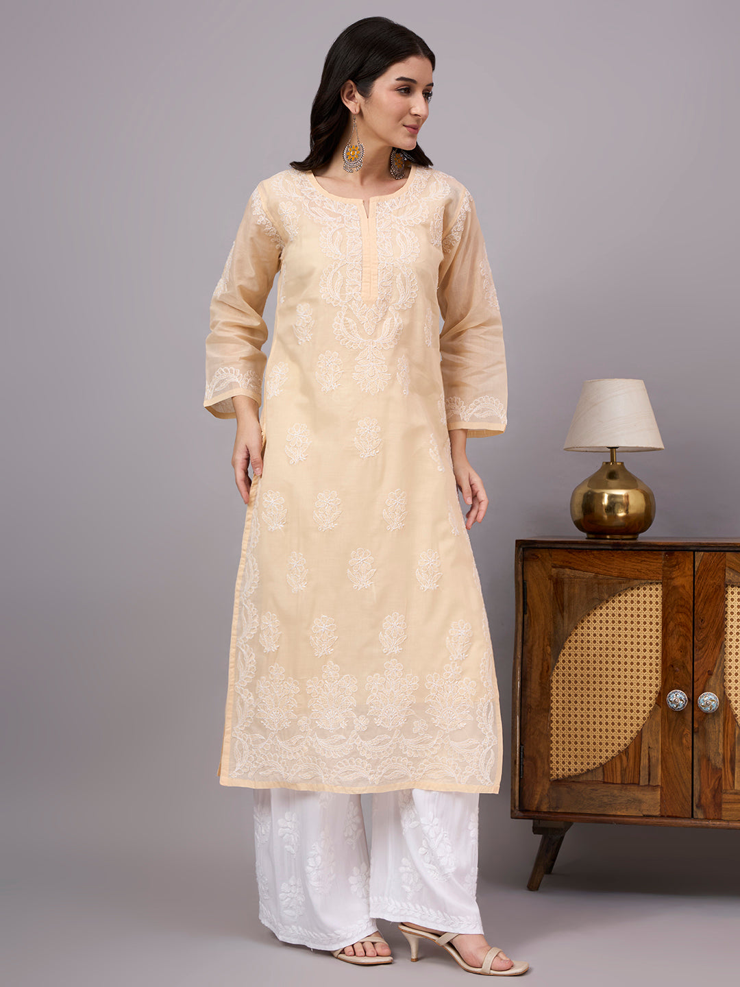 Traditional Cotton kurta with inner featuring artisan-crafted Chikankari embroidery, straight-cut design, and lightweight comfort for modern ethnic wardrobes.