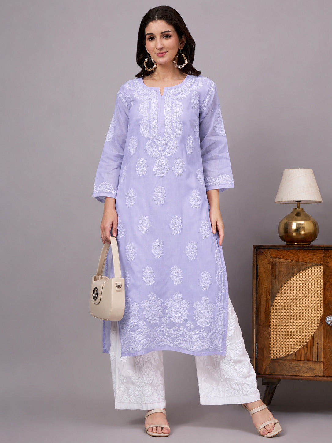Women's Cotton Straight Kurti with authentic handcrafted Chikankari embroidery and soft inner lining, designed for comfortable regular wear, office wear, and casual ethnic styling.