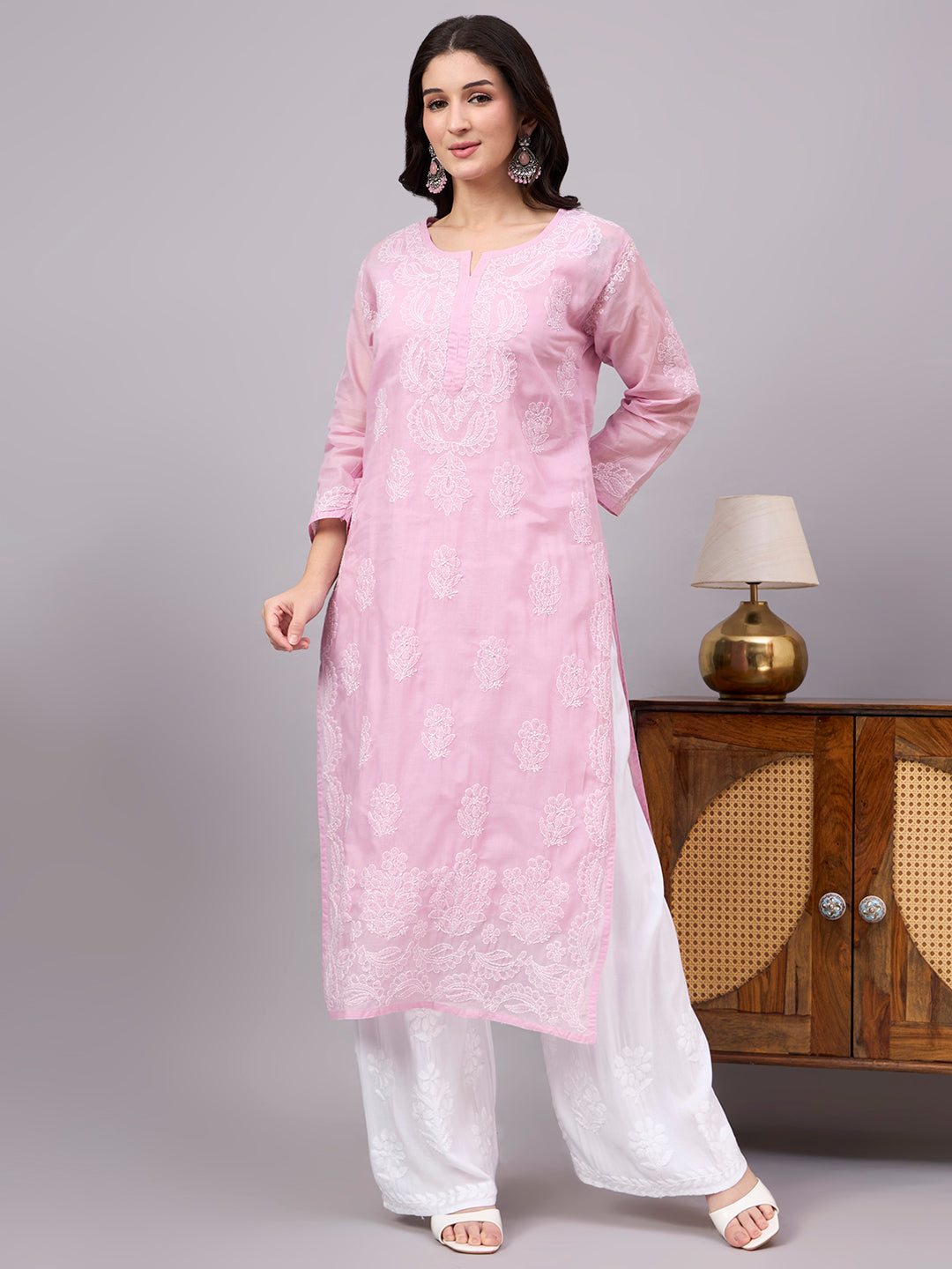 Women's Cotton Straight Kurti with authentic handcrafted Chikankari embroidery and soft inner lining, designed for comfortable regular wear, office wear, and casual ethnic styling.
