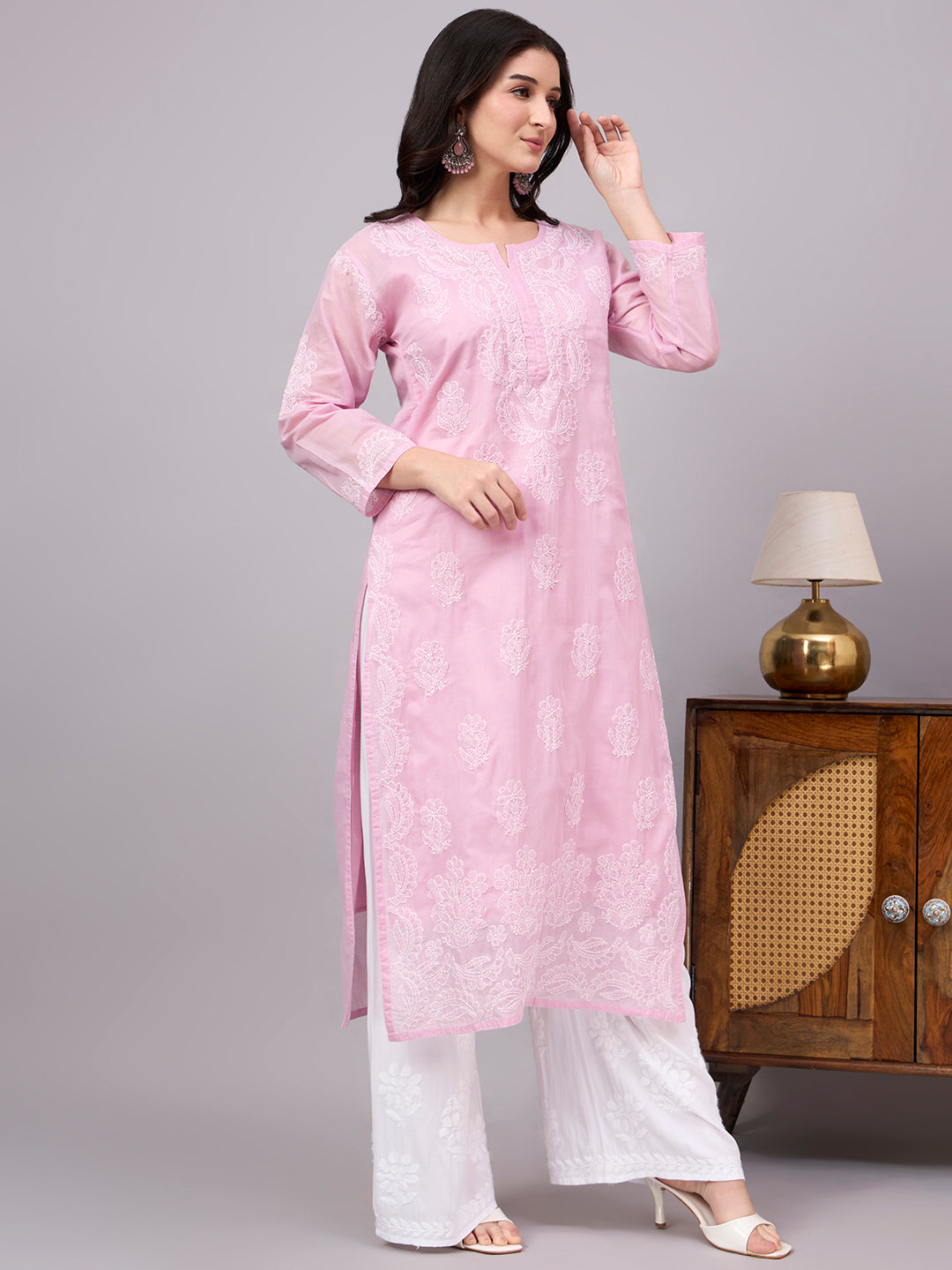 Traditional Cotton kurta with inner featuring artisan-crafted Chikankari embroidery, straight-cut design, and lightweight comfort for modern ethnic wardrobes.