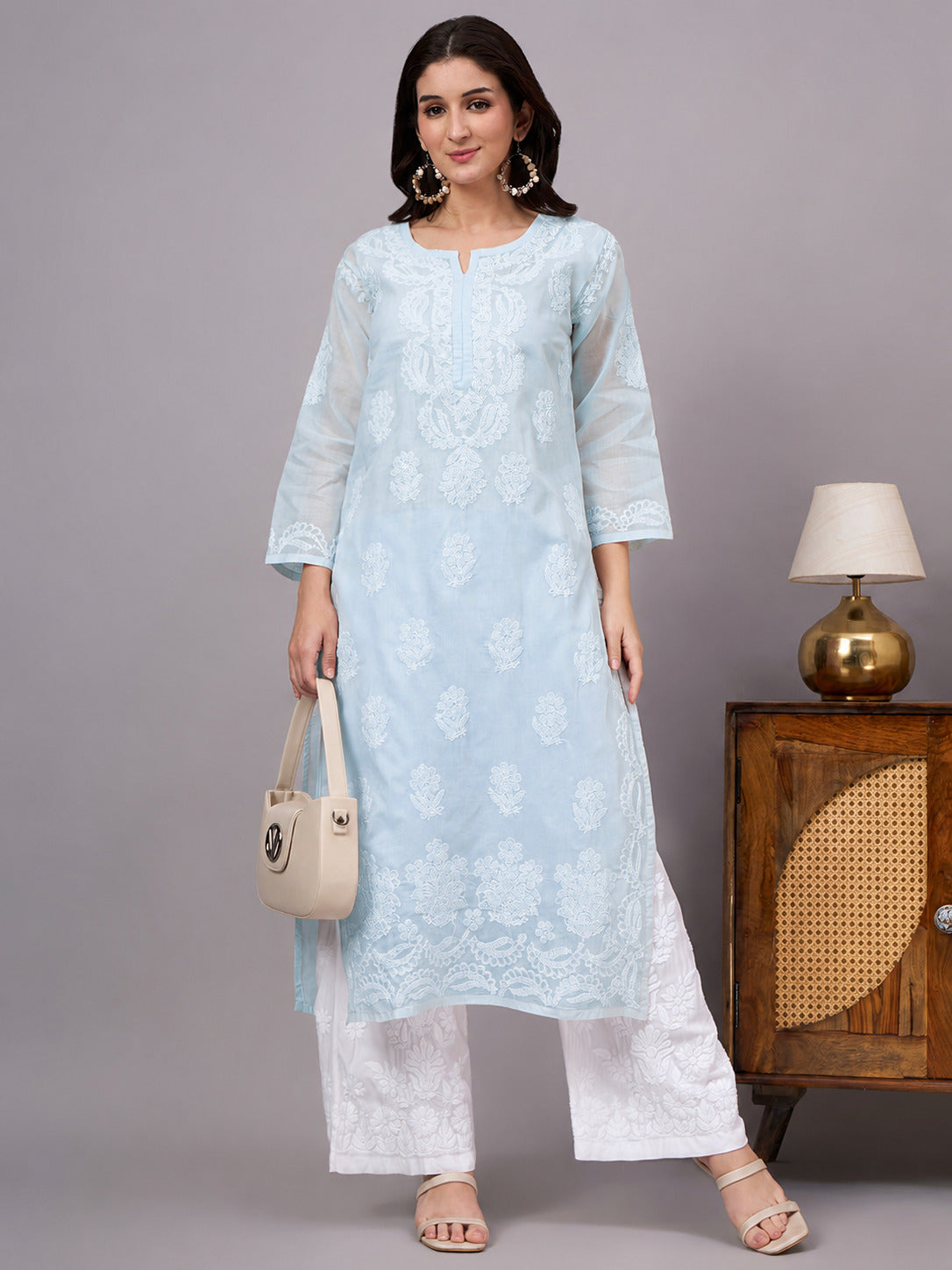 Traditional Cotton Straight Kurti featuring authentic handcrafted Chikankari work, soft cotton inner, and timeless ethnic elegance for women.